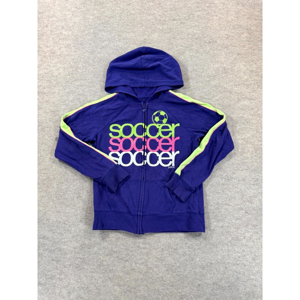 Justice Soccer Hoodie Girls 10 Purple Fleece Lined Graphic Cotton Full Zip
